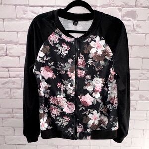 SHEIN Floral Black Raglan Sleeve Bomber Jacket Size Medium 
Lightweight Floral